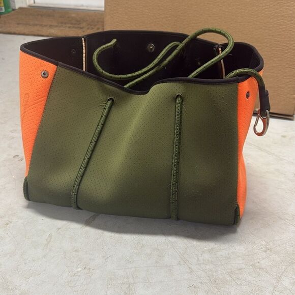 Stylish Olive Green and Orange Tote Bag - Neoprene Tote w Small Orange Clutch - Picture 1 of 6